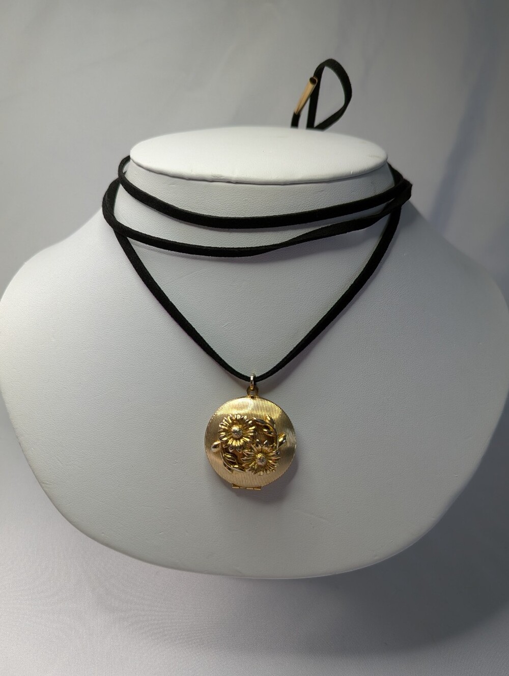Gold Floral Locket Pendant Necklace with Black Suede Cord